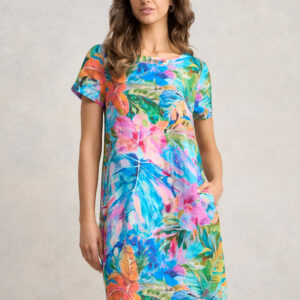 Printed Linen Dress - Vibrant Palm Print