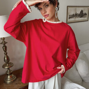 Ruffled Trim Paneled Loose Round Neck Long Sleeve Tee