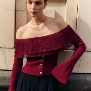 Paneled Ruched Buttoned Off-the-Shoulder Long Sleeve Tee