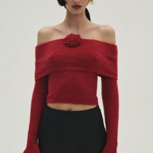 3D Floral Off-Shoulder Fitted Knitted Long Sleeve Tee