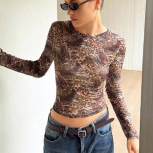 Mesh Sheer Leopard Print Slim Fit Long Sleeve Tee